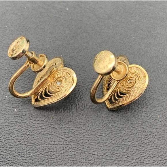 Vintage Filigree Heart 1/20 12K Gold Filled Faux Pearl Earrings Screw Back - Picture 5 of 6
